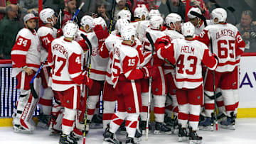 Nov 16, 2015; Ottawa, Ontario, CAN; Detroit Red Wings celebrates his win against Ottawa Senators at Canadian Tire Centre. Mandatory Credit: Jean-Yves Ahern-Imagn Images