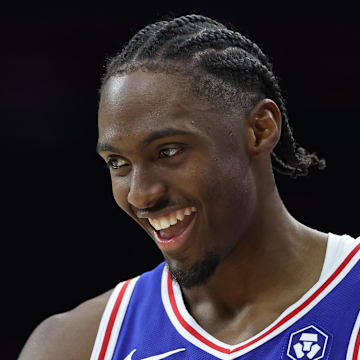 Feb 24, 2025; Philadelphia, Pennsylvania, USA; Philadelphia 76ers guard Tyrese Maxey (0) reacts during the third quarter against the Chicago Bulls at Wells Fargo Center. Mandatory Credit: Bill Streicher-Imagn Images