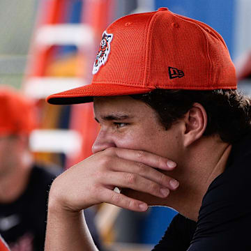 Detroit Tigers pitcher Jackson Jobe watches batting practice during spring training at TigerTown in Lakeland, Fla. on Wednesday, Feb. 19, 2025.