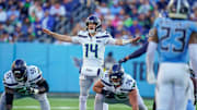 Seattle Seahawks quarterback Sam Darnold (14) calls to teammates on a third down play during the third quarter against the Seattle Seahawks at Nissan Stadium in Nashville, Tenn., Sunday, Nov. 23, 2025.