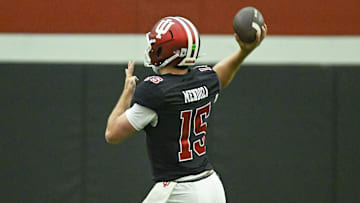 Indiana’s Fernando Mendoza (15) throws a pass during spring practice at Mellencamp Pavilion on Tuesday, April 1, 2025.