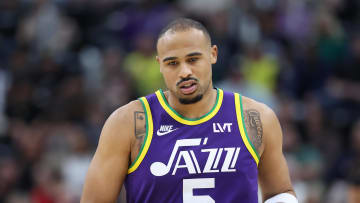 Apr 11, 2024; Salt Lake City, Utah, USA; Utah Jazz guard Talen Horton-Tucker (5) reacts against the Houston Rockets during the third quarter at Delta Center. Mandatory Credit: Rob Gray-USA TODAY Sports