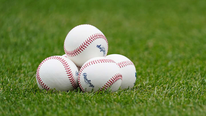 May 28, 2025; New York, New York, USA; A general view shows baseballs on the field before the game between the New York Mets and the Chicago White Sox at Citi Field. Mandatory Credit: Lucas Boland-Imagn Images
