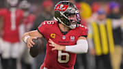 Nov 23, 2025; Inglewood, California, USA; Tampa Bay Buccaneers quarterback Baker Mayfield (6) looks to pass the ball against the Los Angeles Rams during the second quarter at SoFi Stadium. Mandatory Credit: Jayne Kamin-Oncea-Imagn Images