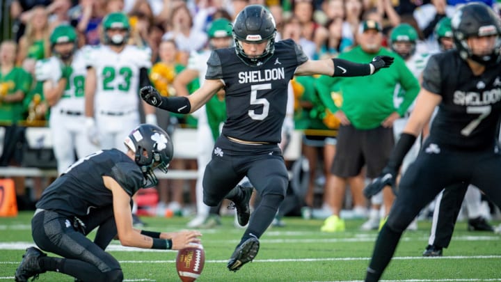 Sheldon's Rocco Graziano kicks a field goal as the Sheldon Irish fell to West Linn 41-3 in a non league matchup at Sheldon High School in Eugene Friday, Sept. 8, 2023.