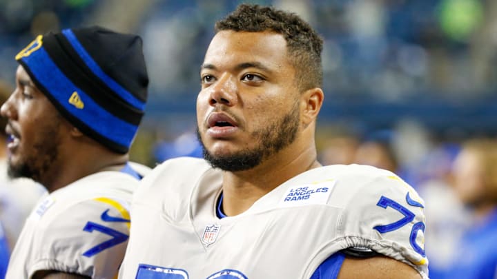 Oct 7, 2021; Seattle, Washington, USA; Los Angeles Rams offensive tackle Joe Noteboom (70) stands on the sideline during the fourth quarter against the Seattle Seahawks at Lumen Field. Mandatory Credit: Joe Nicholson-Imagn Images