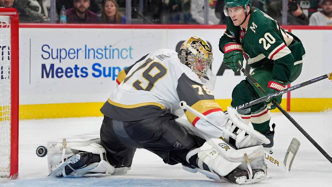 Minnesota Wild's Blake Coleman (20) shoots past Vegas Golden Knights goalie Carter Hart (79) in the second period at Grand Casino Arena. Mandatory Credit: Bruce Kluckhohn-Imagn Images Minnesota Wild's Blake Coleman (20) shoots past Vegas Golden Knights goalie Carter Hart (79) in the second period at Grand Casino Arena. Mandatory Credit: Bruce Kluckhohn-Imagn Images