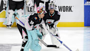 Feb 4, 2023; Sunrise, Florida, USA; Metropolitan Division goaltender (30) Ilya Sorokin New York Islanders talks with Metropolitan Division goaltender Igor Shesterkin (31) of the New York Rangers before the 2023 NHL All-Star Game at FLA Live Arena. Mandatory Credit: Sam Navarro-Imagn Images