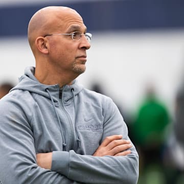 Penn State football coach James Franklin watches the action during Pro Day in State College. 