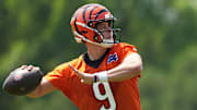 Cincinnati Bengals quarterback Joe Burrow throw during practice at Paycor Stadium. 