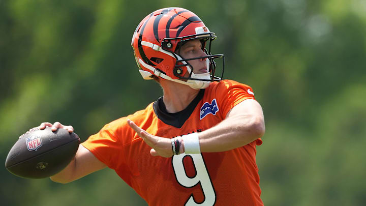 Cincinnati Bengals quarterback Joe Burrow throw during practice at Paycor Stadium. 