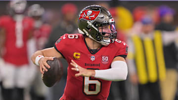 Nov 23, 2025; Inglewood, California, USA; Tampa Bay Buccaneers quarterback Baker Mayfield (6) looks to pass the ball against the Los Angeles Rams during the second quarter at SoFi Stadium. Mandatory Credit: Jayne Kamin-Oncea-Imagn Images