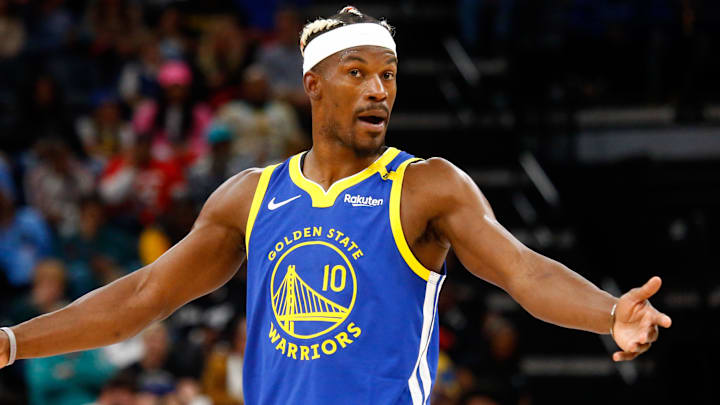 Golden State Warriors forward Jimmy Butler III (10) reacts (Mandatory Credit: Petre Thomas-Imagn Images)