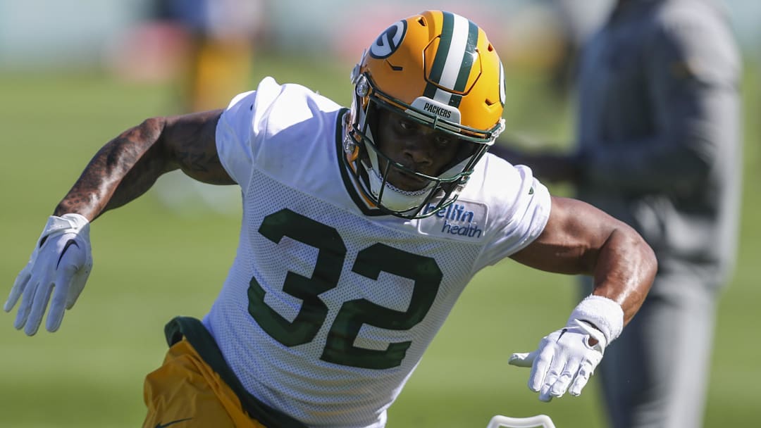 Green Bay Packers running back MarShawn Lloyd (32) runs through drills during rookie minicamp on Friday, May 3, 2024, at the Don Hutson Center in Green Bay, Wis. 
Tork Mason/USA TODAY NETWORK-Wisconsin