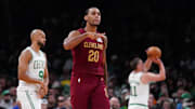 Oct 29, 2025; Boston, Massachusetts, USA; Cleveland Cavaliers guard/forward Jaylon Tyson (20) reacts after his basket against the Boston Celtics in the second quarter at TD Garden. Mandatory Credit: David Butler II-Imagn Images