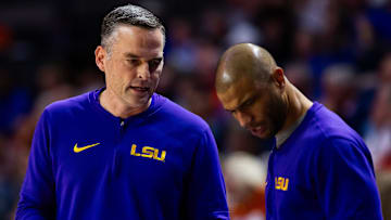 LSU Tigers head coach Matt McMahon talks strategy in the first half. The Florida men   s basketball team hosted the LSU Tigers at Exactech Arena at the Stephen C. O   Connell Center in Gainesville, FL on Tuesday, February 13, 2024. Gators lead at half 47-34. [Doug Engle/Ocala Star Banner]