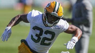 Green Bay Packers running back MarShawn Lloyd (32) runs through drills during rookie minicamp on Friday, May 3, 2024, at the Don Hutson Center in Green Bay, Wis. 
Tork Mason/USA TODAY NETWORK-Wisconsin