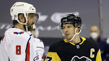 Two hockey legends; Mandatory Credit: Charles LeClaire-Imagn Images