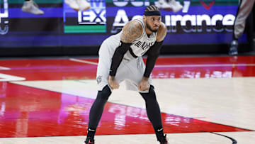 May 7, 2021; Portland, Oregon, USA; Portland Trail Blazers power forward Carmelo Anthony (00) looks on during the second half against the Los Angeles Lakers at Moda Center. Mandatory Credit: Soobum Im-Imagn Images