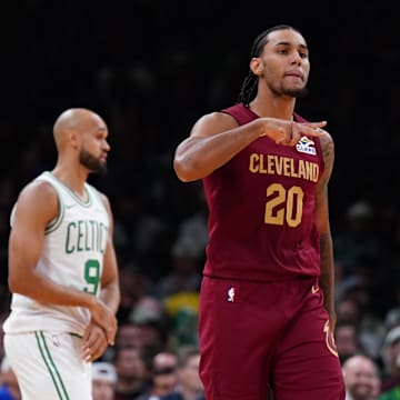 Oct 29, 2025; Boston, Massachusetts, USA; Cleveland Cavaliers guard/forward Jaylon Tyson (20) reacts after his basket against the Boston Celtics in the second quarter at TD Garden. Mandatory Credit: David Butler II-Imagn Images