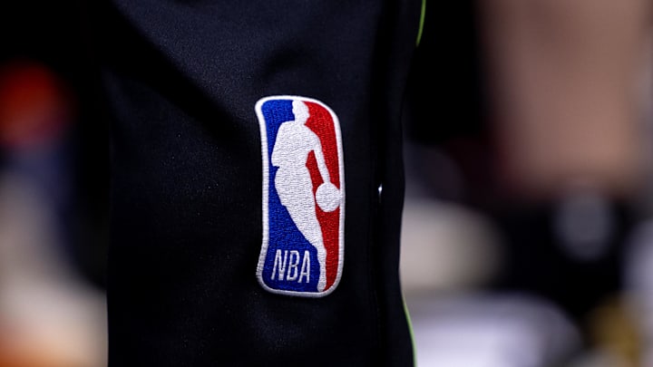 Apr 29, 2024; New Orleans, Louisiana, USA; Detailed view go the NBA logo between the New Orleans Pelicans and the Oklahoma City Thunder r during the second half of game four of the first round for the 2024 NBA playoffs at Smoothie King Center. Mandatory Credit: Stephen Lew-Imagn Images