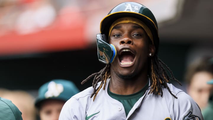 Aug 28, 2024; Cincinnati, Ohio, USA; Oakland Athletics outfielder Lawrence Butler (4) reacts after hitting a solo home run in the first inning against the Cincinnati Reds at Great American Ball Park. Mandatory Credit: Katie Stratman-USA TODAY Sports