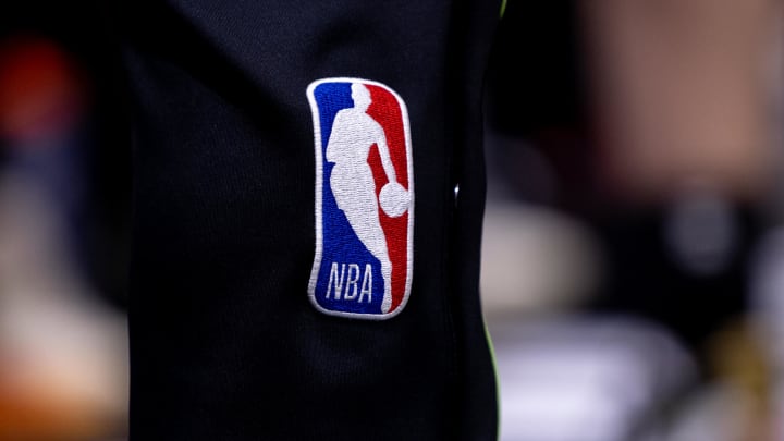 Apr 29, 2024; New Orleans, Louisiana, USA; Detailed view go the NBA logo between the New Orleans Pelicans and the Oklahoma City Thunder r during the second half of game four of the first round for the 2024 NBA playoffs at Smoothie King Center. Mandatory Credit: Stephen Lew-USA TODAY Sports