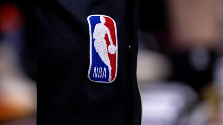 Apr 29, 2024; New Orleans, Louisiana, USA; Detailed view go the NBA logo between the New Orleans Pelicans and the Oklahoma City Thunder r during the second half of game four of the first round for the 2024 NBA playoffs at Smoothie King Center. Mandatory Credit: Stephen Lew-USA TODAY Sports