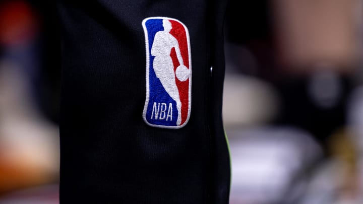 Apr 29, 2024; New Orleans, Louisiana, USA; Detailed view go the NBA logo between the New Orleans Pelicans and the Oklahoma City Thunder r during the second half of game four of the first round for the 2024 NBA playoffs at Smoothie King Center. Mandatory Credit: Stephen Lew-USA TODAY Sports