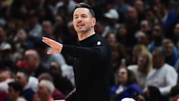 Oct 30, 2024; Cleveland, Ohio, USA; Los Angeles Lakers head coach JJ Redick reacts during the first quarter against the Cleveland Cavaliers at Rocket Mortgage FieldHouse. 