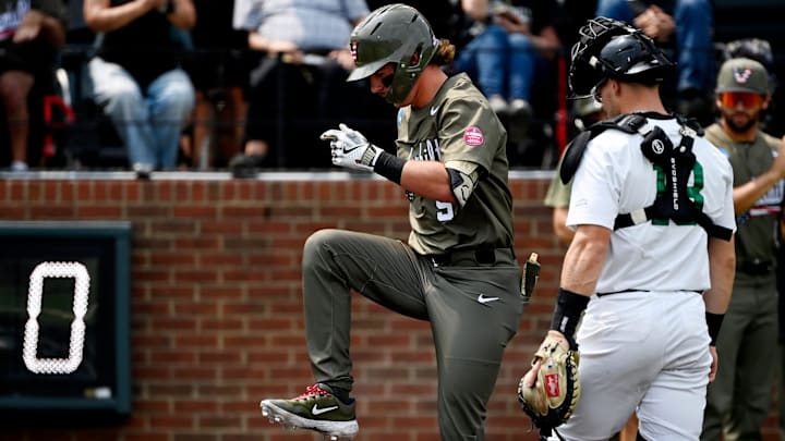 Vanderbilt's Brodie Johnston (9) steps on home plate after hitting a home run as Wright State catcher Boston Smith (18) watches during the second inning of the Nashville Regional NCAA Baseball Tournament elimination game at Hawkins Field Sunday, June 1, 2025, in Nashville, Tenn. Vanderbilt's Brodie Johnston (9) steps on home plate after hitting a home run as Wright State catcher Boston Smith (18) watches during the second inning of the Nashville Regional NCAA Baseball Tournament elimination game at Hawkins Field Sunday, June 1, 2025, in Nashville, Tenn.