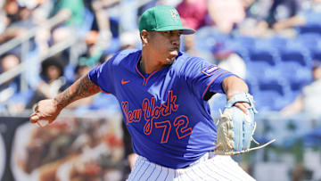 Mar 17, 2025; Port St. Lucie, Florida, USA;  New York Mets pitcher Dedniel Nunez (72) throws a pitch during the seventh inning against the Tampa Bay Rays at Clover Park. Mandatory Credit: Reinhold Matay-Imagn Images 
