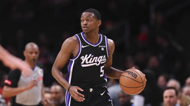 Mar 21, 2024; Washington, District of Columbia, USA;  Sacramento Kings guard De'Aaron Fox (5) dribbles up the court during the first half against the Washington Wizards at Capital One Arena. Mandatory Credit: Tommy Gilligan-USA TODAY Sports