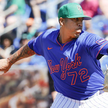 Mar 17, 2025; Port St. Lucie, Florida, USA;  New York Mets pitcher Dedniel Nunez (72) throws a pitch during the seventh inning against the Tampa Bay Rays at Clover Park. Mandatory Credit: Reinhold Matay-Imagn Images 