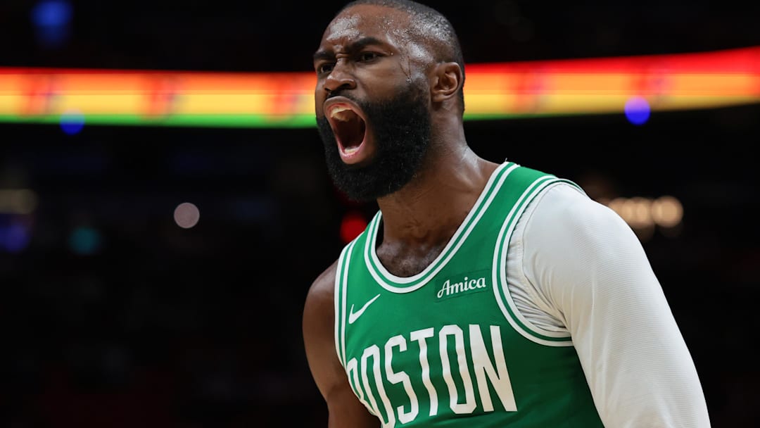 Apr 1, 2026; Miami, Florida, USA; Boston Celtics guard Jaylen Brown (7) reacts against the Miami Heat during the third quarter at Kaseya Center. Mandatory Credit: Sam Navarro-Imagn Images