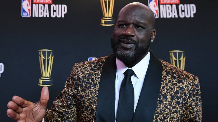 Shaquille O'Neal arrives on the red carpet before the Emirates NBA Cup semifinal game at T-Mobile Arena. 
