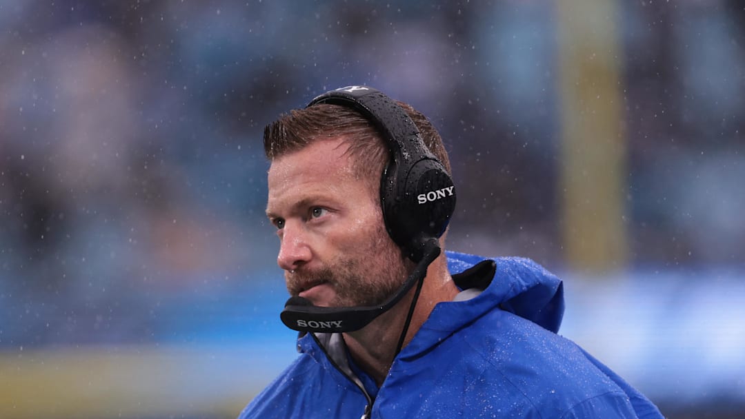 Nov 30, 2025; Charlotte, North Carolina, USA; Los Angeles Rams head coach Sean McVay looks on during the third quarter against the Carolina Panthers at Bank of America Stadium. Mandatory Credit: Scott Kinser-Imagn Images