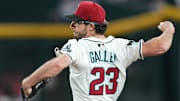 Sep 15, 2025; Phoenix, Arizona, USA; Arizona Diamondbacks pitcher Zac Gallen (23) pitches against the San Francisco Giants during the first inning at Chase Field. Mandatory Credit: Joe Camporeale-Imagn Images