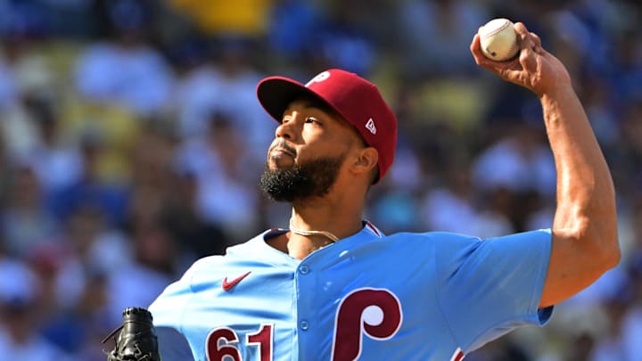 Oct 9, 2025; Los Angeles, California, USA; Philadelphia Phillies pitcher Cristopher Sanchez (61) throws in the first inning against the Los Angeles Dodgers during game four of the NLDS round for the 2025 MLB playoffs at Dodger Stadium. Mandatory Credit: Jayne Kamin-Oncea-Imagn Images