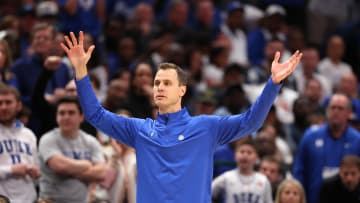 Mar 31, 2024; Dallas, TX, USA; Duke basketball head coach Jon Scheyer reacts in the second half against the North Carolina State Wolfpack