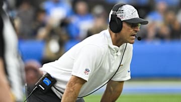 Nov 10, 2024; Inglewood, California, USA; Los Angeles Chargers head coach Jim Harbaugh during the third quarter against the Tennessee Titans at SoFi Stadium. Mandatory Credit: Robert Hanashiro-Imagn Images
