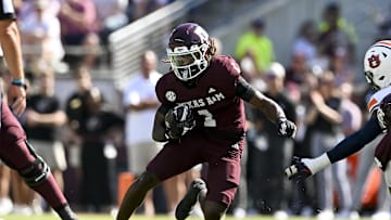 Sep 27, 2025; College Station, Texas, USA; Texas A&M Aggies wide receiver Mario Craver (1) runs the ball during the first half against the Auburn Tigers at Kyle Field. Mandatory Credit: Maria Lysaker-Imagn Images 