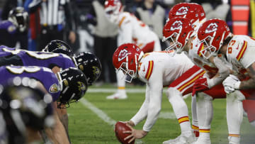 Jan 28, 2024; Baltimore, Maryland, USA; The Kansas City Chiefs offense lines up against the against
