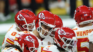 Feb 9, 2025; New Orleans, LA, USA;  Kansas City Chiefs quarterback Patrick Mahomes (15) breaks the huddle with his teammates in the first quarter against the Philadelphia Eagles in Super Bowl LIX at Ceasars Superdome. Mandatory Credit: Stephen Lew-Imagn Images