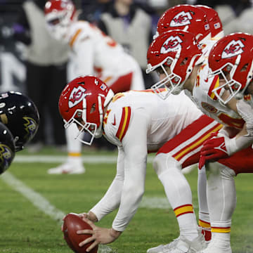 Jan 28, 2024; Baltimore, Maryland, USA; The Kansas City Chiefs offense lines up against the against the Baltimore Ravens defense during the third quarter in the AFC Championship football game at M&T Bank Stadium. Mandatory Credit: Geoff Burke-Imagn Images