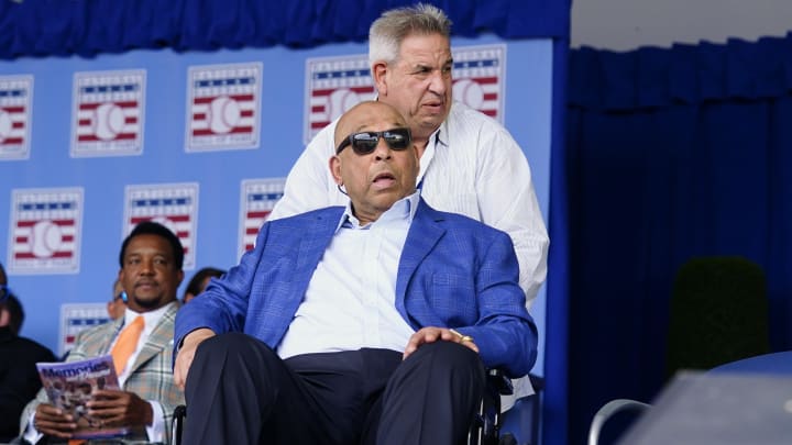 Jul 24, 2022; Cooperstown, New York, USA; Hall of Famer Orlando Cepeda is introduced during the Baseball Hall of Fame Induction Ceremony at Clark Sports Center. Mandatory Credit: Gregory Fisher-USA TODAY Sports