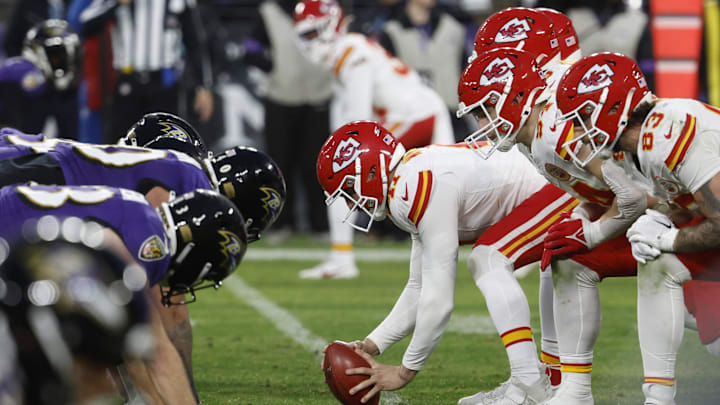 Jan 28, 2024; Baltimore, Maryland, USA; The Kansas City Chiefs offense lines up against the against the Baltimore Ravens defense during the third quarter in the AFC Championship football game at M&T Bank Stadium. Mandatory Credit: Geoff Burke-Imagn Images