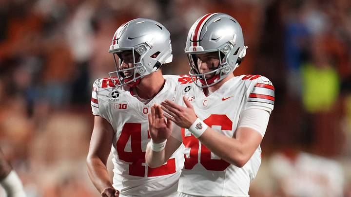 Ohio State Buckeyes kicker Connor Hawkins (96) reacts after missing a field goal during the NCAA football game against the Texas Longhorns at Darrell K Royal–Texas Memorial Stadium in Austin, Texas on Sept. 12, 2026. Texas won 24-23.