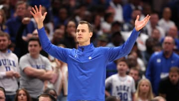 Mar 31, 2024; Dallas, TX, USA; Duke Blue Devils head coach Jon Scheyer reacts in the second half against the North Carolina State Wolfpack in the finals of the South Regional of the 2024 NCAA Tournament at American Airline Center. Mandatory Credit: Kevin Jairaj-USA TODAY Sports