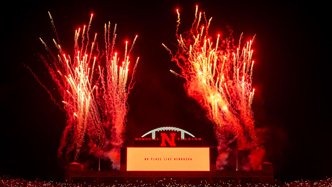 Sep 14, 2024; Lincoln, Nebraska, USA; Fireworks before the fourth quarter between the Nebraska Cornhuskers and the Northern Iowa Panthers at Memorial Stadium. 